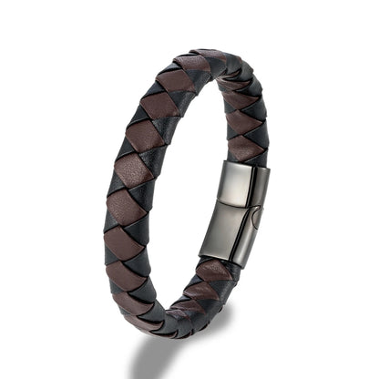 Pulsera Trenzada de Cuero Naranja y Negro – con Hebilla Magnética de Acero Inoxidable