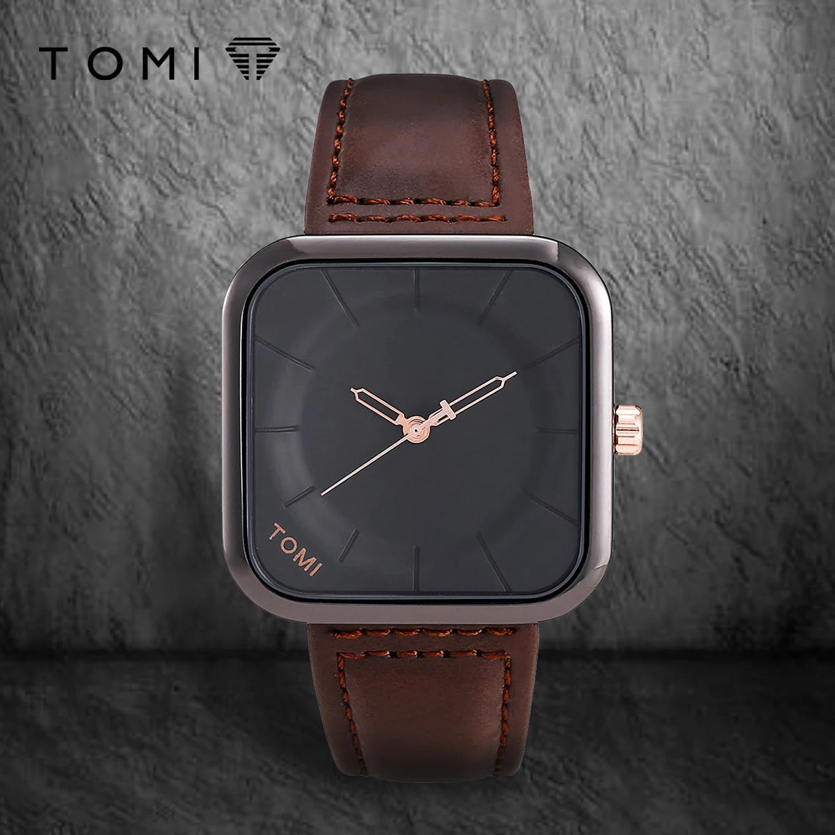Reloj TOMI de cuarzo negro, diseño cuadrado elegante