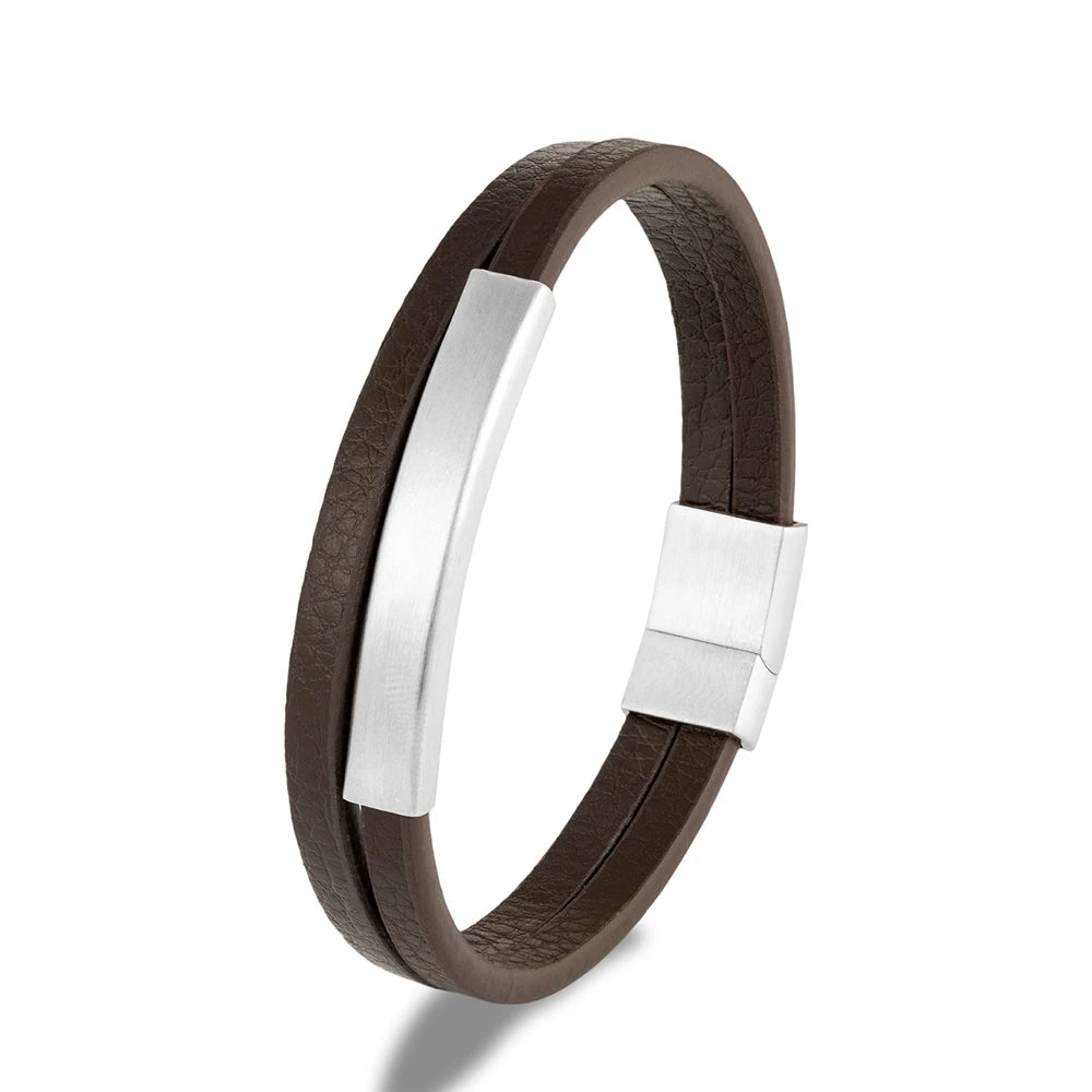 Pulsera de Cuero Trenzado Doble – Cierre Negro Mate de Acero Inoxidable