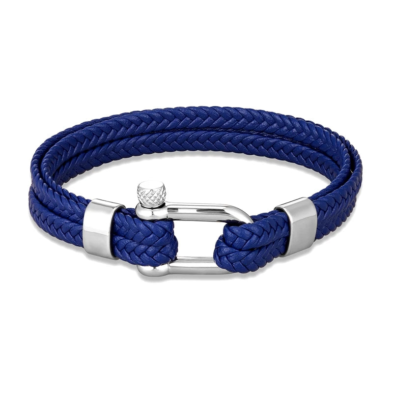 Pulsera de Cuero Trenzado Multicapa – con Grillete en U de Acero Inoxidable
