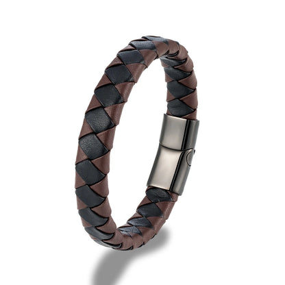 Pulsera Trenzada de Cuero Naranja y Negro – con Hebilla Magnética de Acero Inoxidable