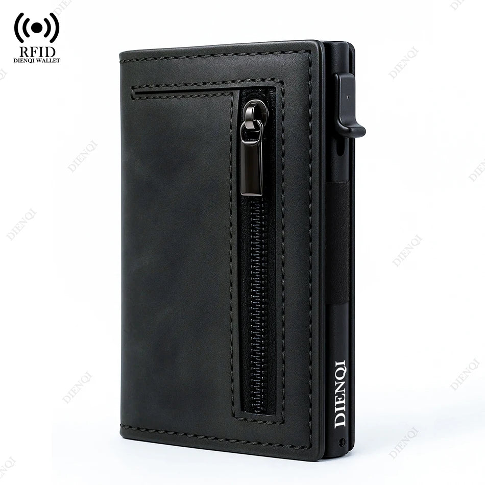 Billetera Minimalista RFID para Hombre – Tarjetero Magnético de Cuero con Expulsor Automático