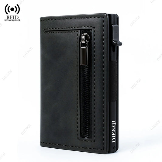 Billetera Minimalista RFID para Hombre – Tarjetero Magnético de Cuero con Expulsor Automático