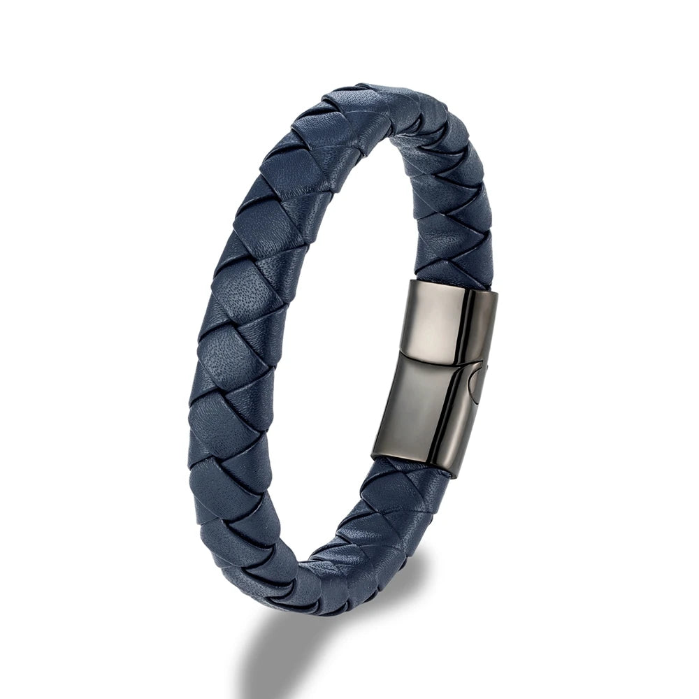 Pulsera Trenzada de Cuero Naranja y Negro – con Hebilla Magnética de Acero Inoxidable