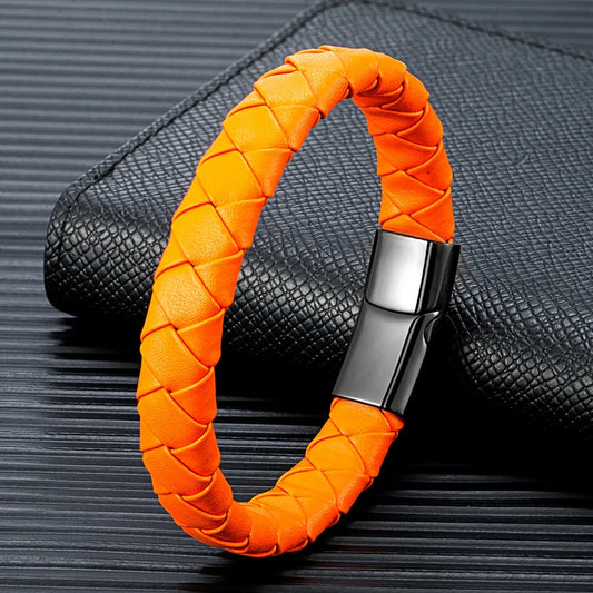 Pulsera Trenzada de Cuero Naranja y Negro – con Hebilla Magnética de Acero Inoxidable