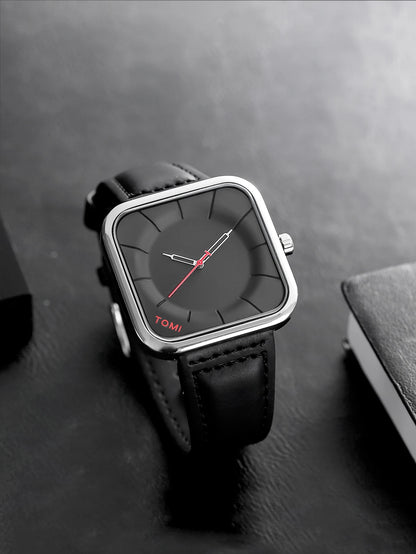 Reloj TOMI de cuarzo negro, diseño cuadrado elegante