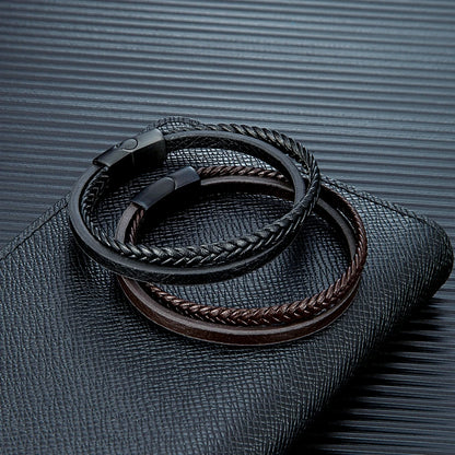 Pulsera de Cuero Trenzado Doble – Hebilla Negra Mate de Acero Inoxidable