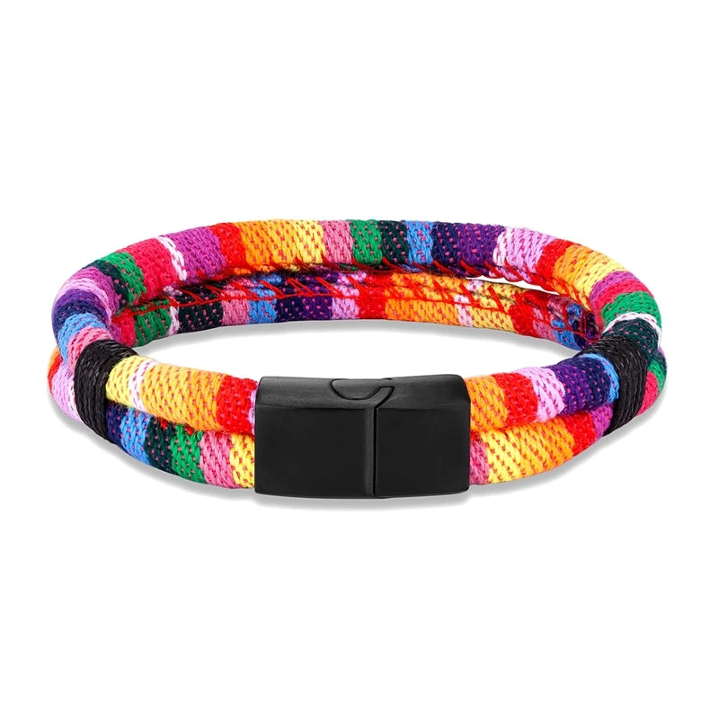 Pulsera de Cuerda Tejido a Mano, Doble Capa y Acero Inoxidable Negro