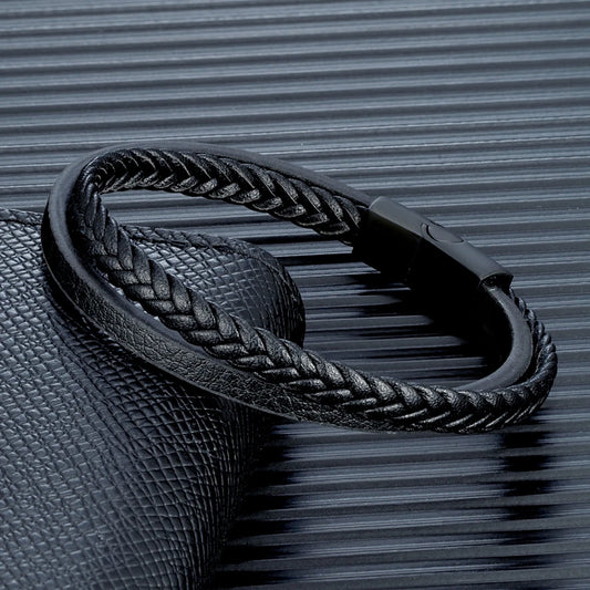 Pulsera de Cuero Trenzado Doble – Hebilla Negra Mate de Acero Inoxidable