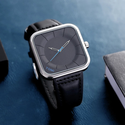 Reloj TOMI de cuarzo negro, diseño cuadrado elegante
