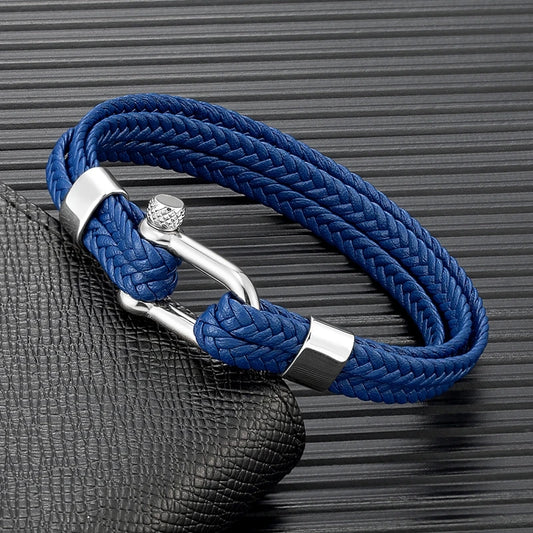 Pulsera de Cuero Trenzado Multicapa – con Grillete en U de Acero Inoxidable