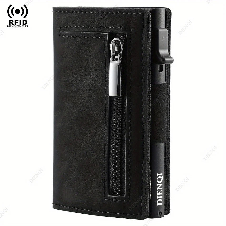 Billetera Minimalista RFID para Hombre – Tarjetero Magnético de Cuero con Expulsor Automático