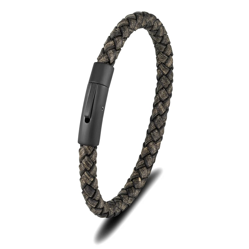Pulsera de Cuero Trenzado para Hombre – con Hebilla Magnética Negra de Acero Inoxidable
