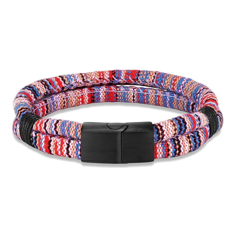 Pulsera de Cuerda Tejido a Mano, Doble Capa y Acero Inoxidable Negro
