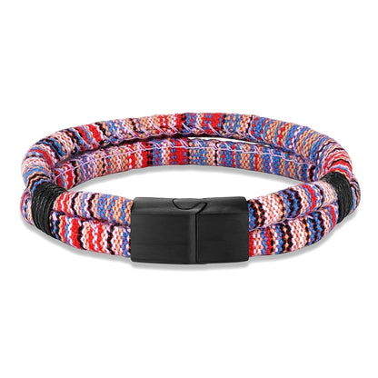 Pulsera de Cuerda Tejido a Mano, Doble Capa y Acero Inoxidable Negro