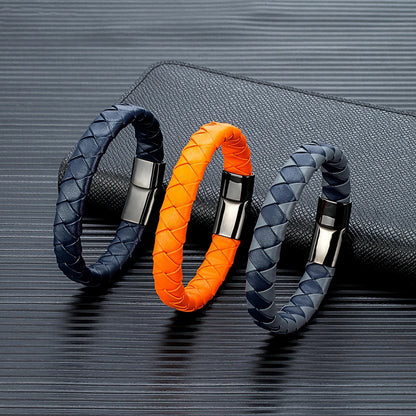 Pulsera Trenzada de Cuero Naranja y Negro – con Hebilla Magnética de Acero Inoxidable