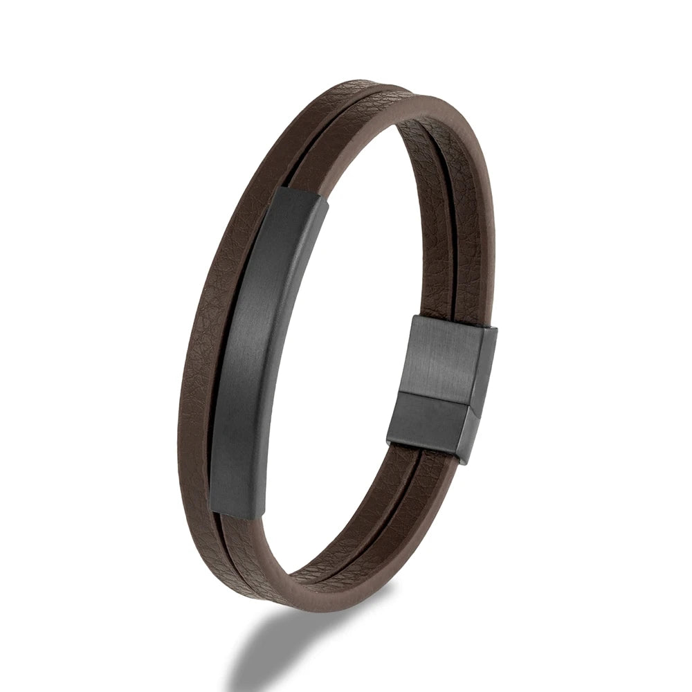 Pulsera de Cuero Trenzado Doble – Cierre Negro Mate de Acero Inoxidable