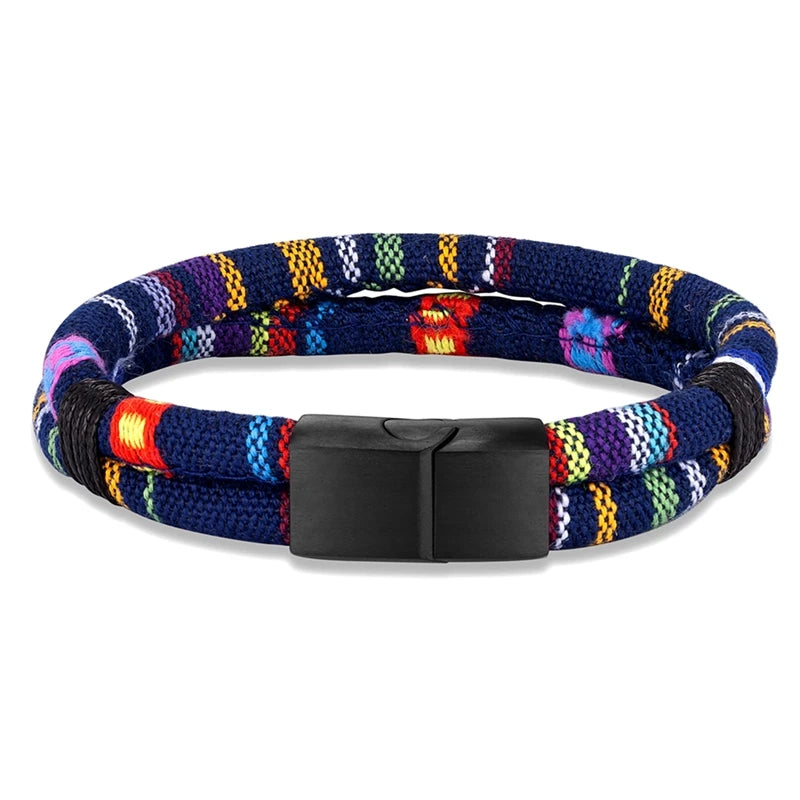 Pulsera de Cuerda Tejido a Mano, Doble Capa y Acero Inoxidable Negro