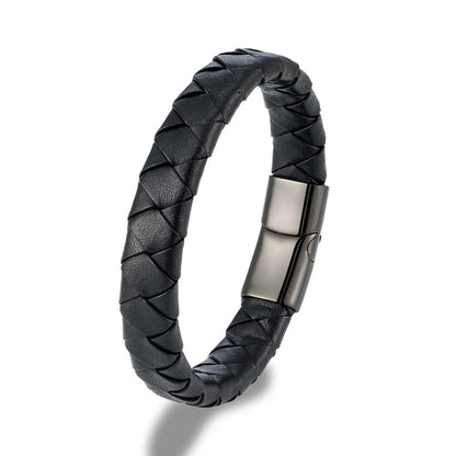 Pulsera Trenzada de Cuero Naranja y Negro – con Hebilla Magnética de Acero Inoxidable