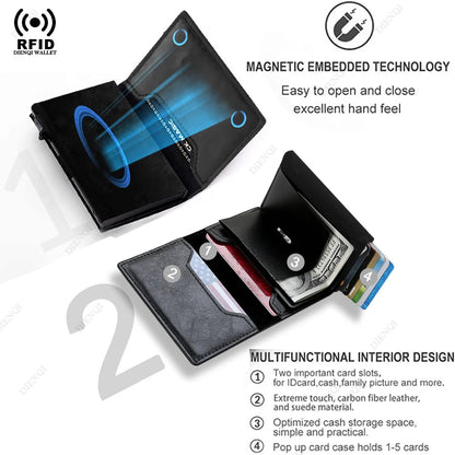 Billetera Minimalista RFID para Hombre – Tarjetero Magnético de Cuero con Expulsor Automático
