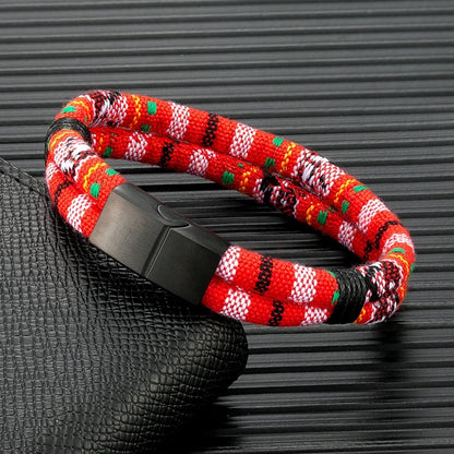 Pulsera de Cuerda Tejido a Mano, Doble Capa y Acero Inoxidable Negro