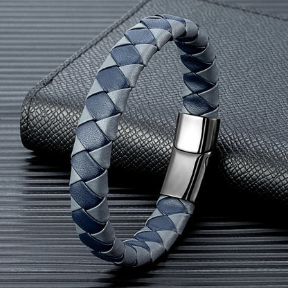 Pulsera Trenzada de Cuero Naranja y Negro – con Hebilla Magnética de Acero Inoxidable