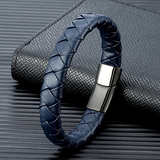 Pulsera Trenzada de Cuero Naranja y Negro – con Hebilla Magnética de Acero Inoxidable